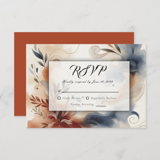 Cartão RSVP Terracotta Twilight e Marinho Blooms Casamento (Frente/Verso)