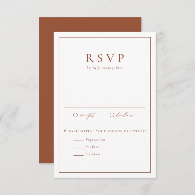 Cartão RSVP Terracotta Typografia Simples Casamento Formal (Frente/Verso)