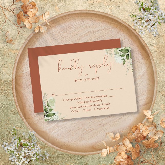 Cartão RSVP Terracotta Vegetação Elegante Rótulo de Casamento  (Terracotta Greenery Elegant Script Wedding RSVP Card)
