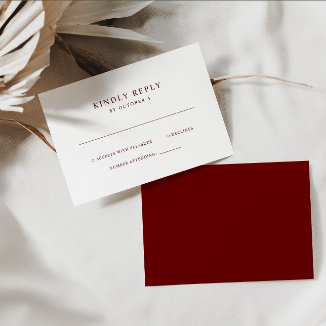 Cartão RSVP Texto elegante vermelho escuro e branco | Casament (Criador carregado)