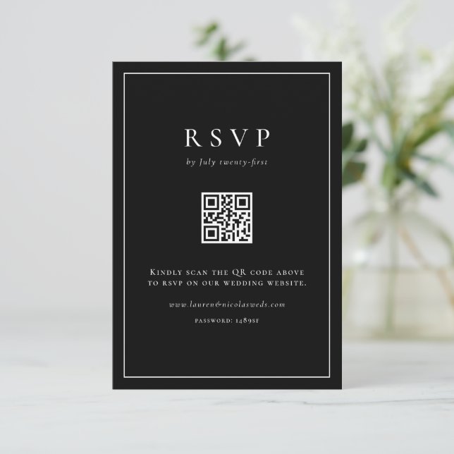 Cartão RSVP Texto Simples Código QR Preto Casamento Formal (Em pé/Frente)