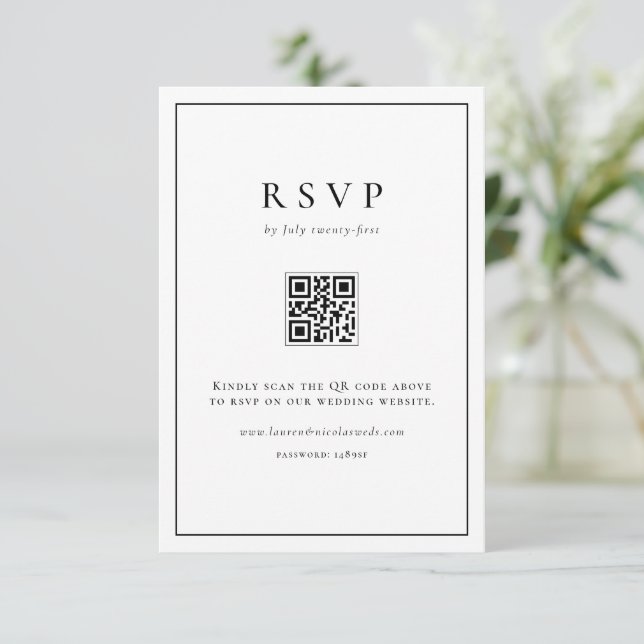 Cartão RSVP Texto Simples Preto Código QR Casamento Formal (Em pé/Frente)