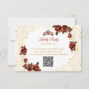 Cartão RSVP Tiara Dourada Vermelha Rosas Borboletas Quinceañer