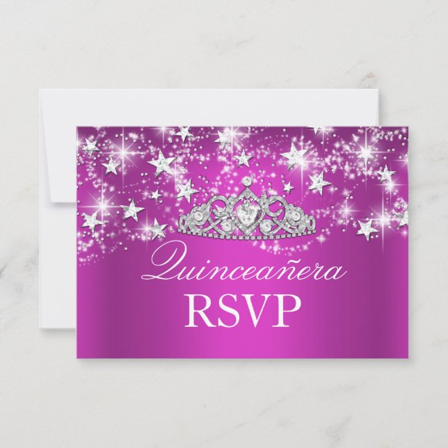 Cartão RSVP Tiara e Estrelas Quinceanera Sparkle Rosa Quente R (Frente)