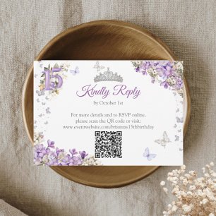 Cartão RSVP Tiara Floral de Borboleta Prata Lavanda Quinceañer