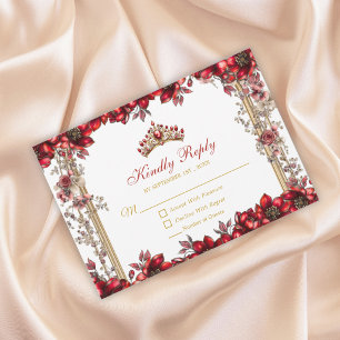 Cartão RSVP Tiara Floral Vermelha Dourada Quinceañera