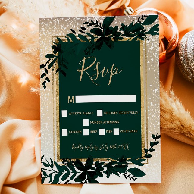 Cartão RSVP tipografia dourada neve elegante inverno (gold typography leaf snow elegant winter RSVP card)
