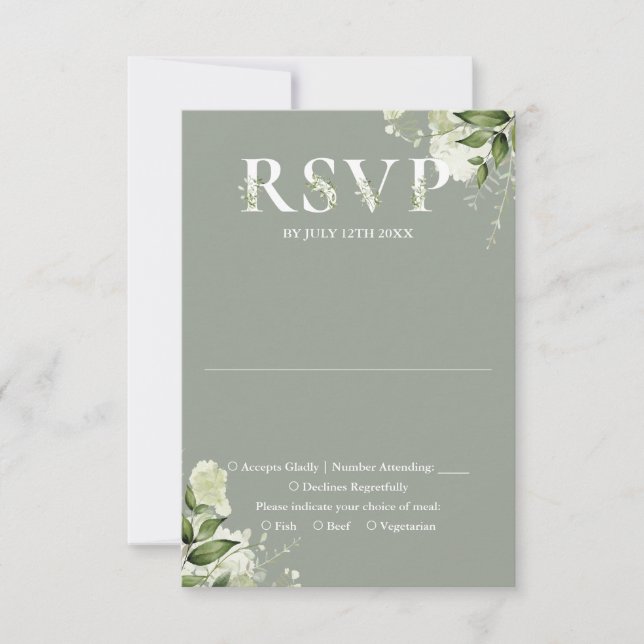 Cartão RSVP Tipografia Floral Verde Musgo Casamento (Frente)