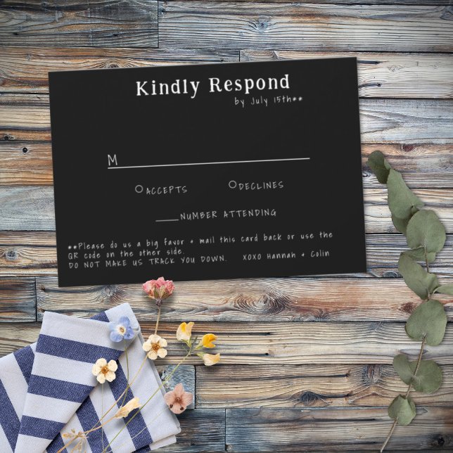 Cartão RSVP Tipografia Manuscrita Casual Branco e Preto (Criador carregado)