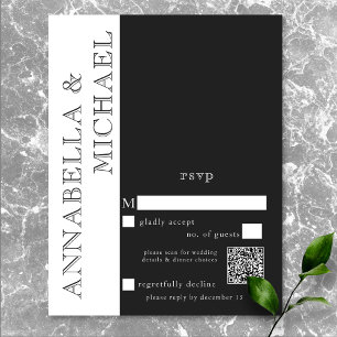 Cartão RSVP Tipografia Moderna Casamento Branco Negro QR