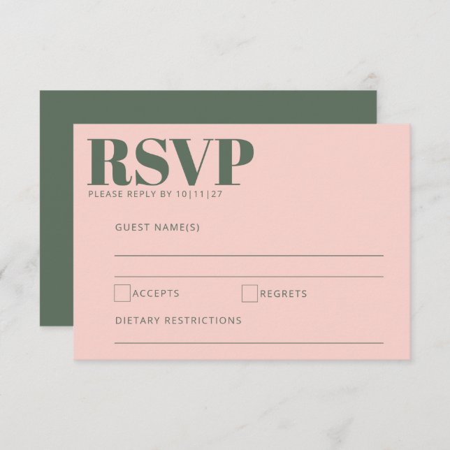Cartão RSVP Tipografia Negra Casamento Moderno Verde Rosa Rosa (Frente/Verso)