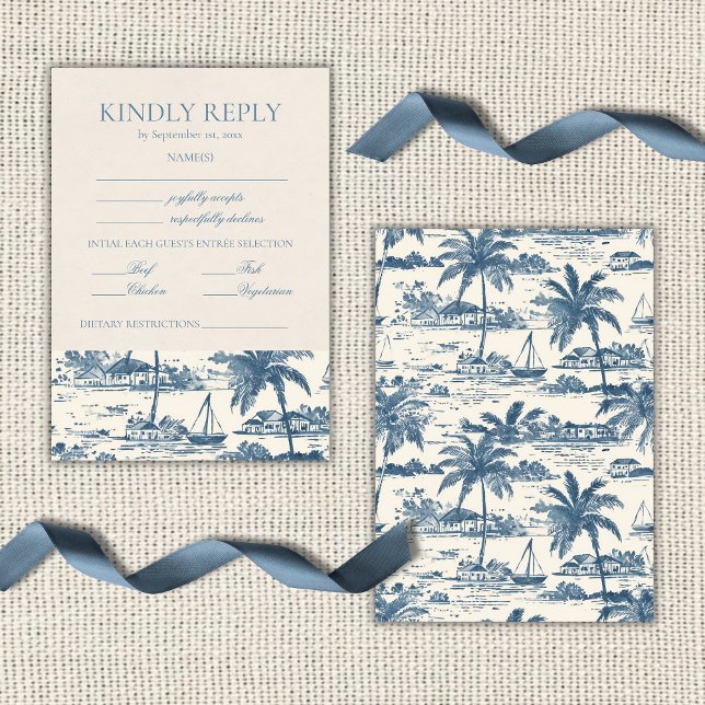 Cartão RSVP Toalete Costeiro Clássico Script Azul Poeirento (Coastal Toile Classic Script Dusty Blue RSVP Card)