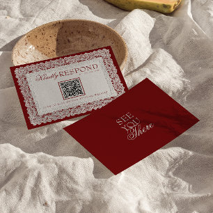 Cartão RSVP Toalha de Renda Borgonha Código QR Casamento Old M