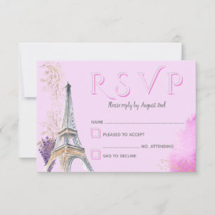 Cartão RSVP Torre Eiffel em aquarela rosa dourado de Paris ele