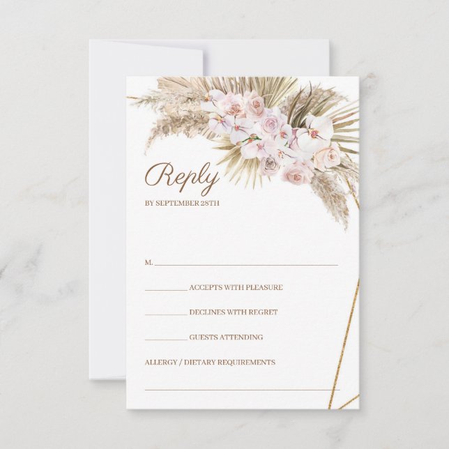 Cartão RSVP Trendy Boho Pampas Grass Dusty Rosa Palm Seco (Frente)