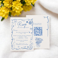 Trendy retro francês azul ilustrado casamento QR