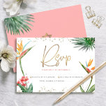 Cartão RSVP Tropical Bat Mitzvah Dourada Script Floral Waterco<br><div class="desc">Tenha orgulho, alegria e comemore este marco do seu Bat Mitzvah favorito com este sofisticado e personalizado cartão de inserção RSVP para o seu evento! Na moda, atordoante, colorida, pássaros aquosos tropicais de flores do paraíso, escrita falsa em ouro manuscrita, Estrela de David e pontos brilhantes, juntamente com cor-de-rosa rosa...</div>