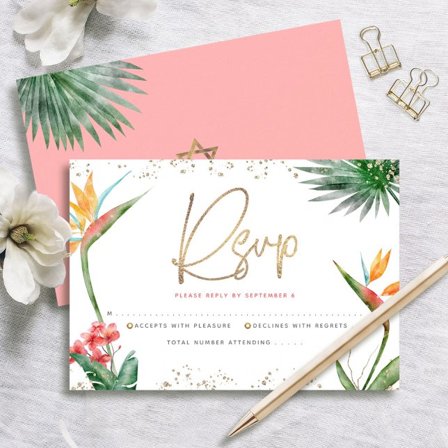 Cartão RSVP Tropical Bat Mitzvah Dourada Script Floral Waterco (Criador carregado)