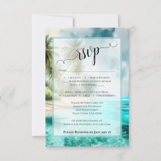 Cartão RSVP Tropical Beach Watercolor Coastal Waters Wedding (Frente)
