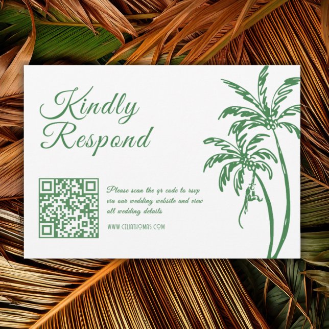 Cartão RSVP Tropical Coastal Retro Beach Green Wedding QR Code (Criador carregado)