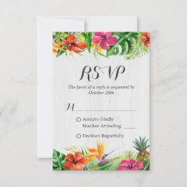 Cartão RSVP Tropical Floral Flamingo Rustic Wood Casamento RSV