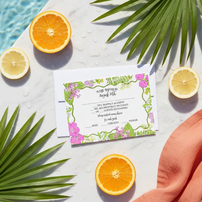 Cartão RSVP Tropical Hand Drawn Pink and Green  (Tropical Hand Drawn Pink and Green RSVP Card)