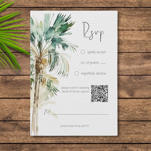 Cartão RSVP Tropical Palm Trees Modernas Casamento QR Código (Criador carregado)