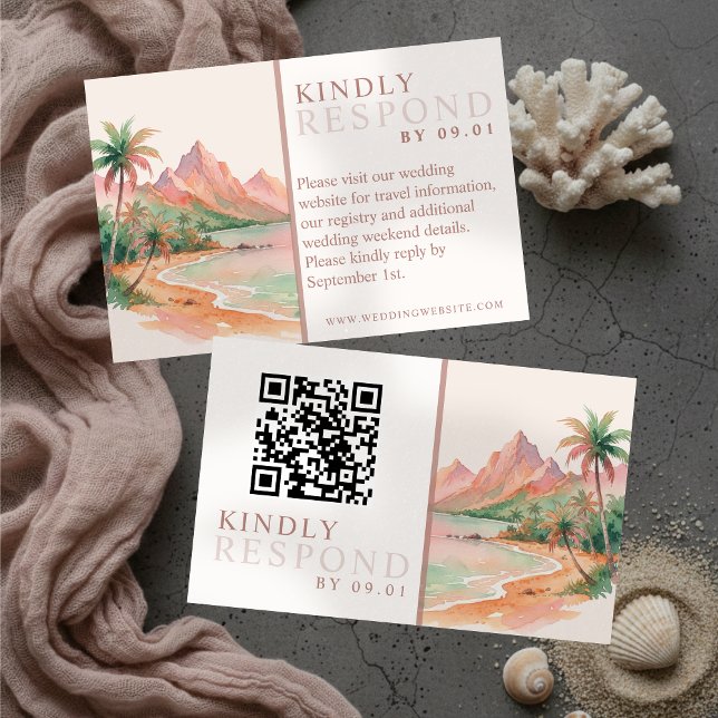 Cartão RSVP Tropical Sunset Island Watercolor Wedding QR  (Tropical Sunset Island Watercolor Wedding QR RSVP Card)