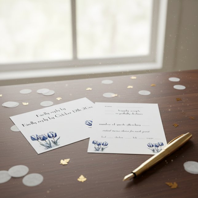 Cartão RSVP Tulipas no Azul Delft personalizáveis (Criador carregado)