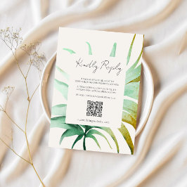 Cartão RSVP Tulum Watercolor Tropical Gold Palm Destination QR