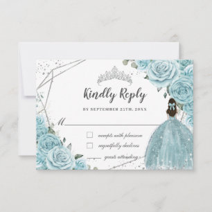 Cartão RSVP Turquesa Azul Floral Prata Quinceañera Princesa