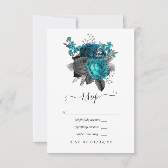 Cartão RSVP Turquesa - Casamento Floral Preto e Prata (Frente)