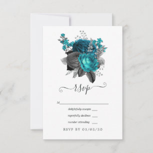 Cartão RSVP Turquesa - Casamento Floral Preto e Prata