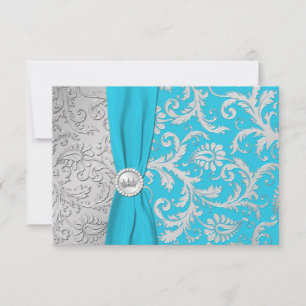 Cartão RSVP Turquesa e Silver Damask Quinceanera