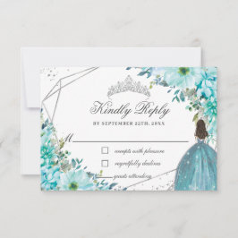 Cartão RSVP Turquoise Blue Floral Quinceañera Silver Princess
