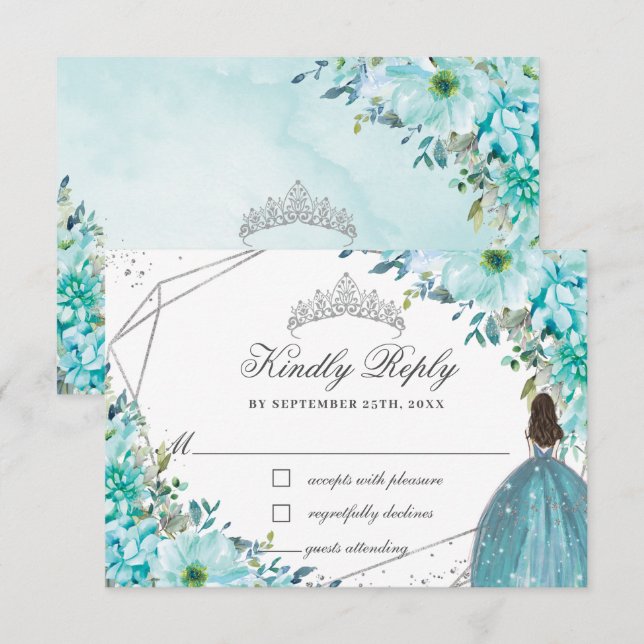 Cartão RSVP Turquoise Blue Floral Quinceañera Silver Princess (Frente/Verso)