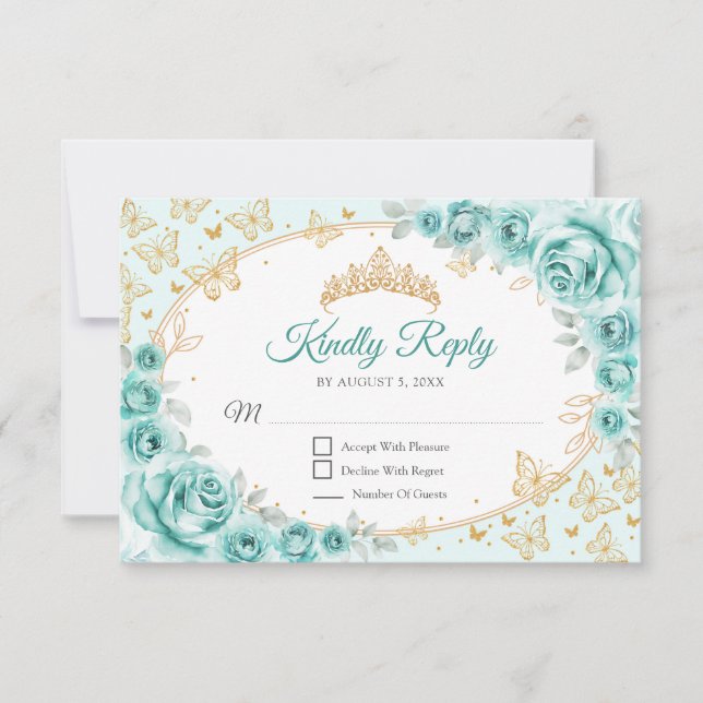 Cartão RSVP Turquoise Gold Quinceanera Reply (Frente)