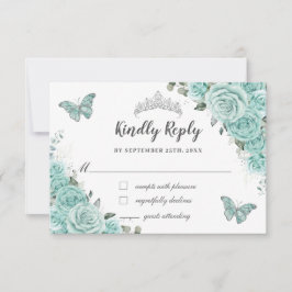 Cartão RSVP Turquoise Green Floral 15 Quinceañera Butterflies
