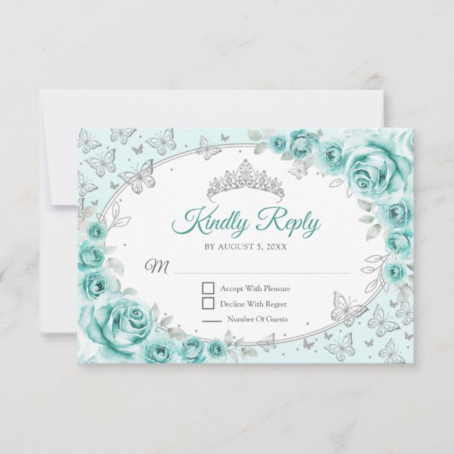 Cartão RSVP Turquoise Silver Quinceanera Reply (Frente)