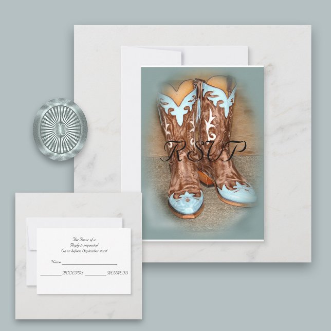 Cartão RSVP Turquoise Western Boots - VP de Casamento (Criador carregado)