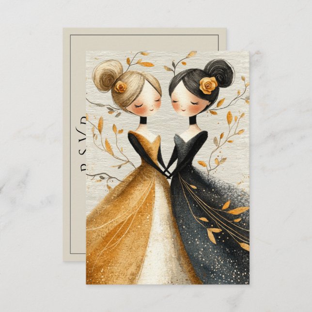 Cartão RSVP Two Brides Hand Drawn Pencil Illustration   (Frente/Verso)