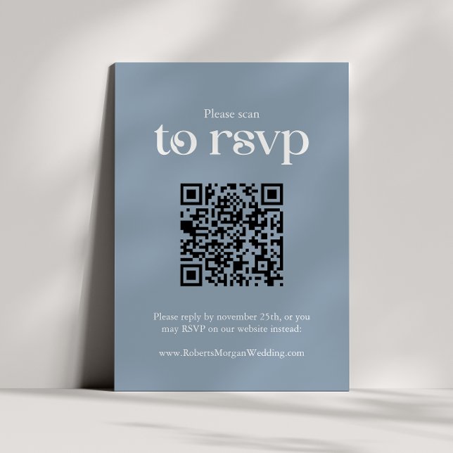 Cartão RSVP Typografia Dusty Blue QR code Casamento (Criador carregado)