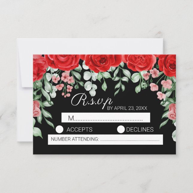 Cartão RSVP Um clássico e bonito casamento floral negro e verm (Frente)