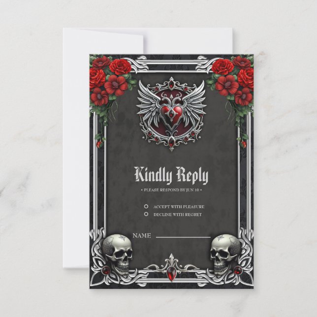 Cartão RSVP Uma simbiose gótica, cabelos elegantes e crânios. (Frente)