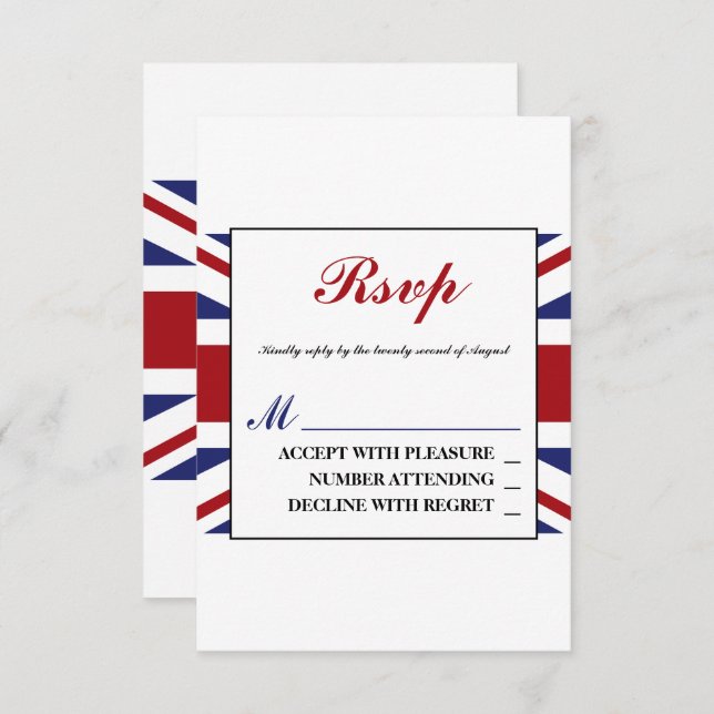 Cartão RSVP Union Jack Flag British Wedding (Frente/Verso)