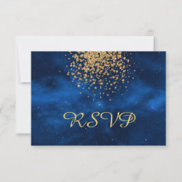 Cartão RSVP Universo Azul com Confetti Dourado