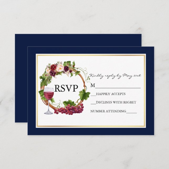 Cartão RSVP Uvas Florais De Aquarela Azul De Casamento (Frente/Verso)