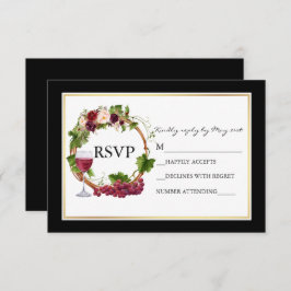 Cartão RSVP Uvas Florais De Aquarela Dourada Negra De Casament