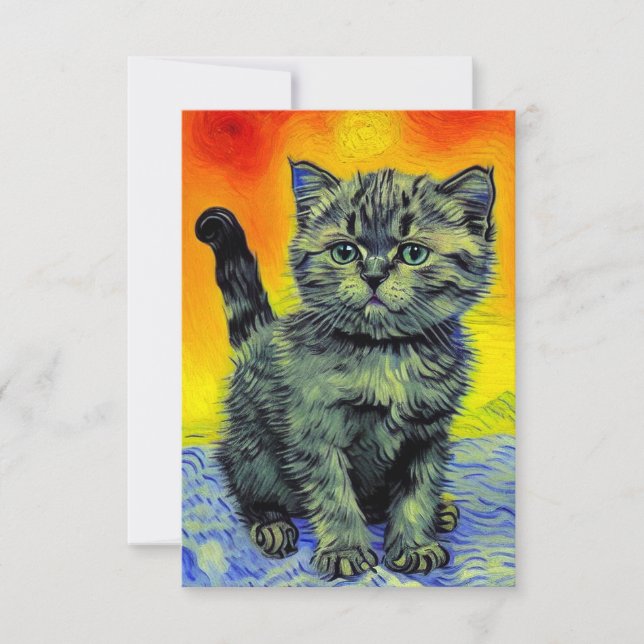 Cartão RSVP Van Gogh Style Cat Sunset Beach (Frente)