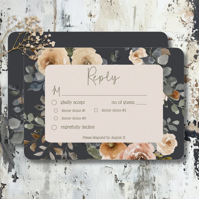 Cartão RSVP Vanilla White Boho Rosas Blue Casamento Janto (Vanilla White Boho Roses Blue Wedding Dinner RSVP Card)